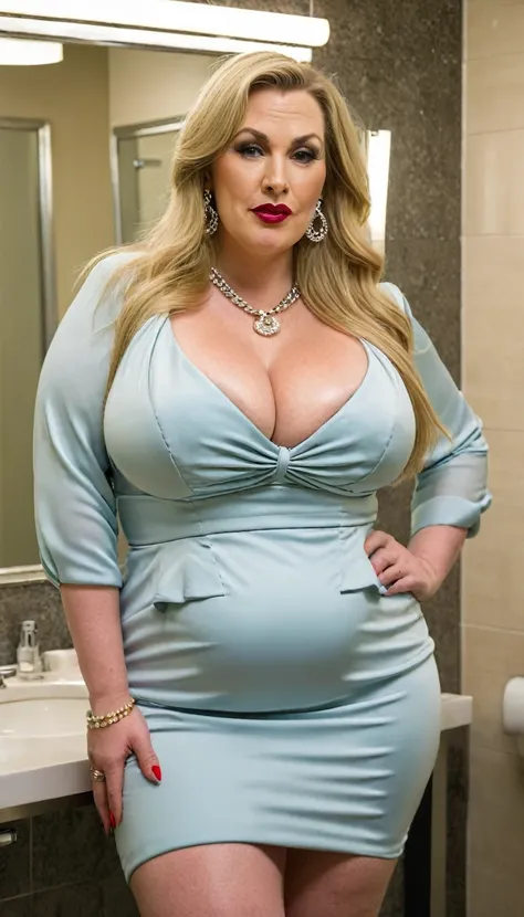 Fat woman, 40 years old Irish white Caucasian woman, big hips, trick thighs, busty cleavage, fancy dressed for a , dress, necklace, earrings, public bathroom, MILF, long straight blonde hair, elegant slicked hair, make-up, soft lipstick, serious, chubby, b...