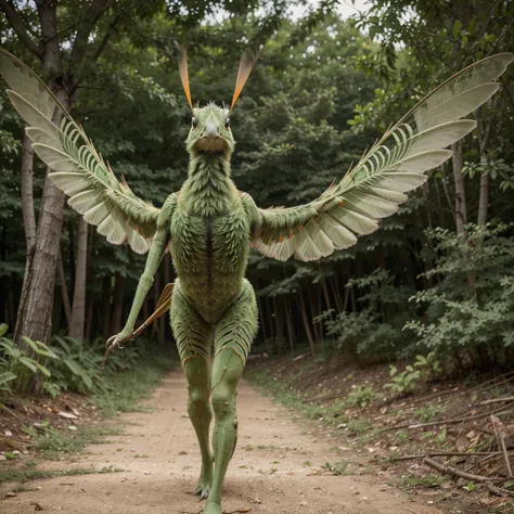 Realistic photo depicts a digitally altered creature that appears to be a combination of a bird and a grasshopper. The head and upper body resemble that of a bird with green and orange feathers, and it has large, prominent eyes. The lower body transitions ...