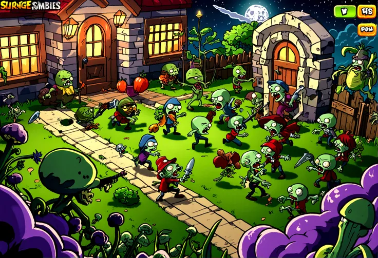 (16 bit video game) cartoonish battle field (Noble vegetable army) shoots at the charging zombie horde. Back yard garden, moonlit night, epic battle plants vs. zombies
