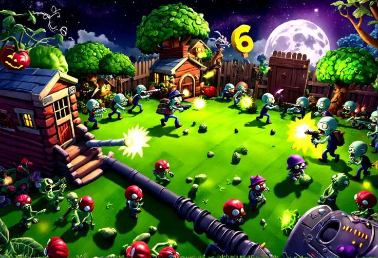 (16 bit video game) cartoonish battle field (Noble vegetable army) shoots at the charging zombie horde. Back yard garden, moonlit night, epic battle plants vs. zombies
