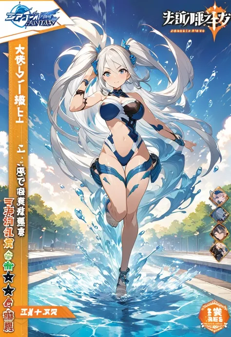 a woman in a bathing suit next to a pool, splash art anime , full art, zhao yun, oppai proportions, official character art, ultra detailed female android, anime girl walking on water, arena background, tsuaii, full art illustration, anime woman fullbody ar...