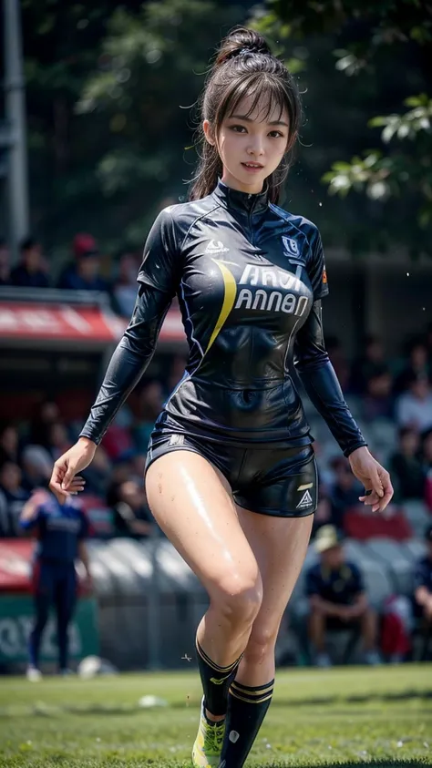 Highest quality, High resolution:1.2, Very detailed, Realistic:1.3, ((Beautiful woman))、((((Super tight uniform))))、((Super big breasts))、(The abdomen is visible)、Vibrant colors, play soccer,((Blunt bangs))、Various Hair Styles、Different hair colors、With ba...