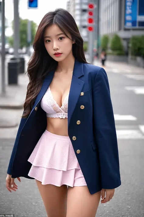 a 16 year old girl, she is the most beautiful actress in the world, the perfect body proportions of this girl, the blazer is firmly closed by its buttons, the skin of her upper body with its large breasts are covered 100% by the shirt thats covered by the ...