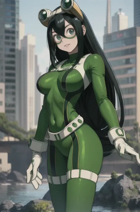 (masterpiece, best quality;1.3), extremely detailed ,ultra detailed, 1girl, solo,  looking at viewer,detailed skin,  crawling, full body, standing, asui tsuyu, low-tied long hair, :p,white gloves, green bodysuit, hair rings,goggles, city, extra large breas...