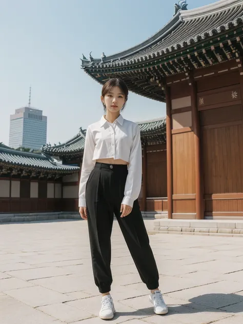 her name is Asako, high quality, 1girl, ((20-year-old fit Caucasian woman)), ((20 years old)), ((slim)), ((Hime Cut)), pose: standing, wearing stylish fashionable Generation-Z modern wear different colored, BACKGROUND: At Gyeongbokgung Palace, with its tra...