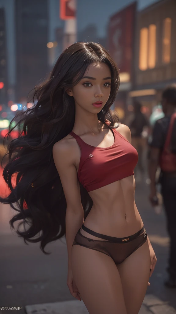 ((Realistic lighting, Best quality, 8K, Masterpiece: 1.3)), ((Clear focus: 1.2)), 1 girl, ((Perfect Figure: 1.4)), ((Slim Abs: 1.1)), See through, tight clothing, ((african, dark skin, tanned brunette girl, wavy hair)), (panties: 1.4), (Red crop top: 1.4),...