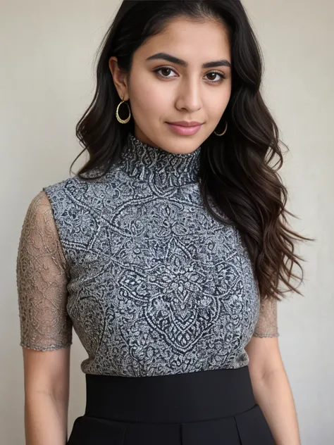 Masterpiece, Best quality), beautiful woman, (((Afghan))), (((Afghan woman))), Detailed top with sleeveless turtleneck, pantalon, collier, wavy hair, (outdoor), Rues de la ville, New York