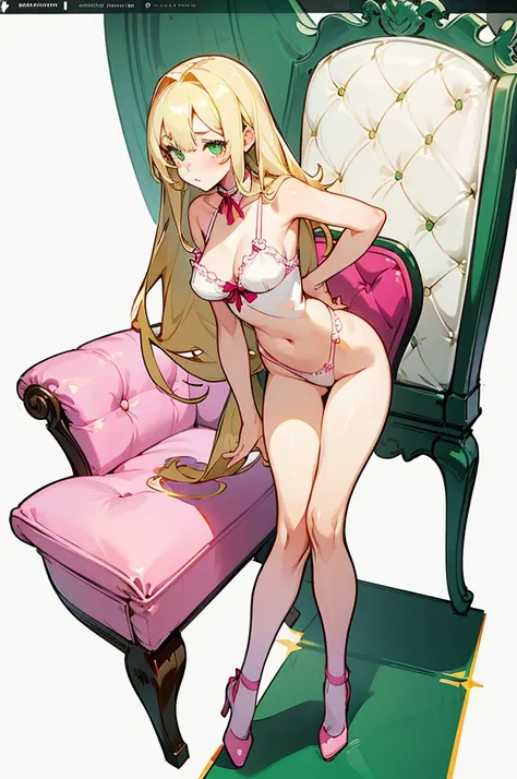 1girl, white lingerie, green eyes, long blonde hair, thin body type, pin-up pose, chair, bending over, slutty,  character design, white background, fullbody, tease, cute girl, white and pink color scheme, 