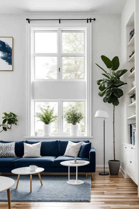 Generate an image of a small and elegant room with the following characteristics: white painted walls with a navy blue accent wall, a sectional sofa in light gray with cushions in blue and white tones, a glass coffee table, a round, extendable dining table...