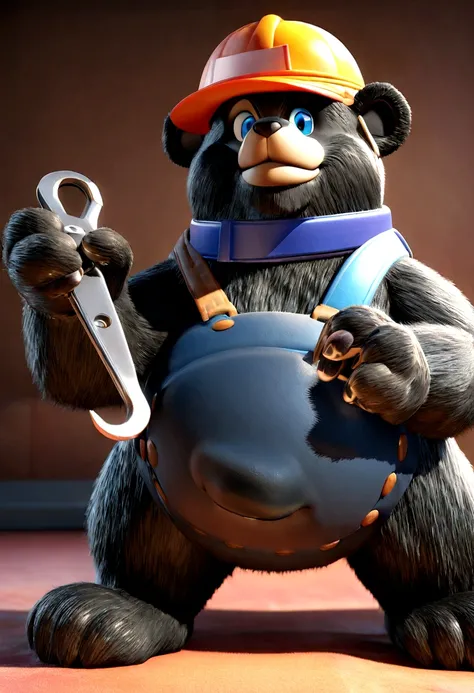 a Disney Pixar movie poster showing a medium sized black bear smiling. The black bear is dressed as a tradesman and is fluffy. The black bear also has a bright blue collar around its neck and has colored eyes. The black bear is also holding a wrench in its...