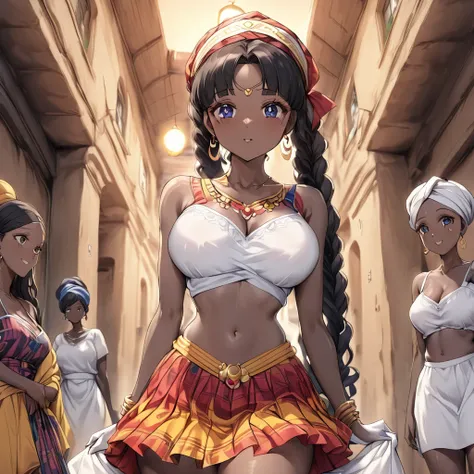 ((Highest quality)), ((masterpiece)), (detailed), （Perfect Face）、The woman is a Ghanaian born Tsukino Usagi with a vivid dark skin, black by birth, and is wearing a colorful Ghanaian dress from a Ghanaian village, a colorful turban head scarf, gorgeous jew...