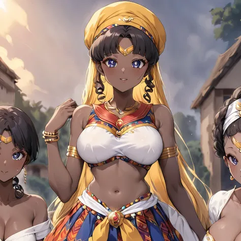 ((Highest quality)), ((masterpiece)), (detailed), （Perfect Face）、The woman is a Ghanaian born Tsukino Usagi with a vivid dark skin, black by birth, and is wearing a colorful Ghanaian dress from a Ghanaian village, a colorful turban head scarf, gorgeous jew...