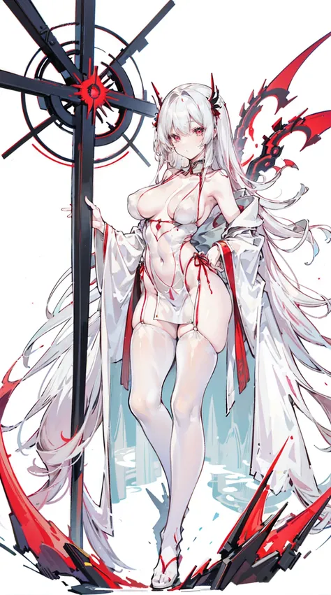 Long white hair，Red eyes，Sexy Sheer Colonial Dress, Perfect body, Clear chest, Well-defined collarbone, Surreal, lifelike, detailed, Perky transparent nipples, Wet clothes(whole body:1.1),cross，Holy，best quality，Large Breasts，Big Ass，No underwear。Gorgeous ...