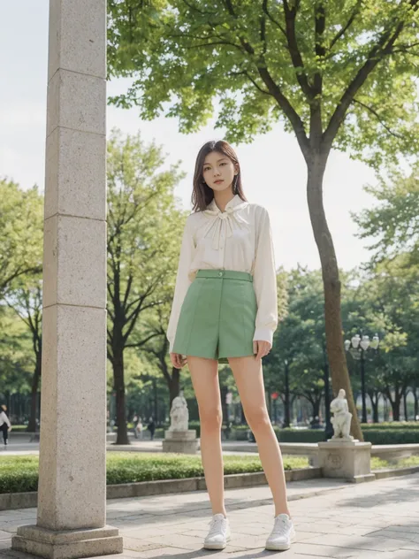 her name is Asako, high quality, 1girl, ((20-year-old fit Caucasian woman)), ((20 years old)), ((slim)), ((Hime Cut)), pose: standing, wearing stylish fashionable Generation-Z modern wear PASTEL colored, BACKGROUND: In the Esplanadi Park, a green urban spa...