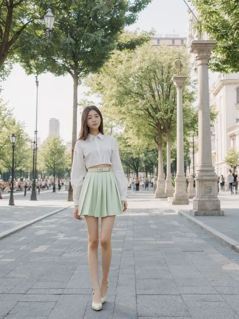 her name is Asako, high quality, 1girl, ((20-year-old fit Caucasian woman)), ((20 years old)), ((slim)), ((Hime Cut)), pose: standing, wearing stylish fashionable Generation-Z modern wear PASTEL colored, BACKGROUND: In the Esplanadi Park, a green urban spa...