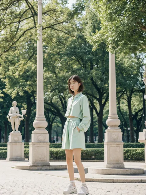 her name is Asako, high quality, 1girl, ((20-year-old fit Caucasian woman)), ((20 years old)), ((slim)), ((Hime Cut)), pose: standing, wearing stylish fashionable Generation-Z modern wear PASTEL colored, BACKGROUND: In the Esplanadi Park, a green urban spa...