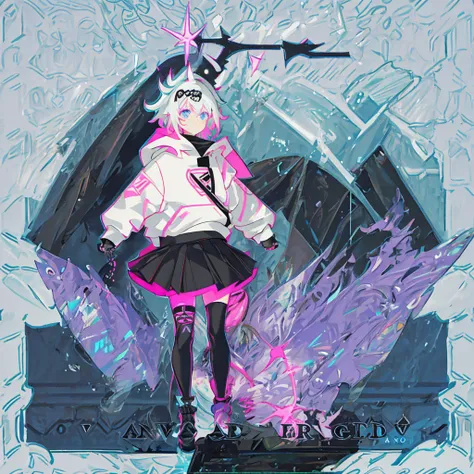 Girl, Ghost, White Hair, Neon Purple highlights, Very Asthetic, Black sweatshirt with neon pink skull details, short black emo skirt, fishnet tights, black boots, she holds a spray paint.