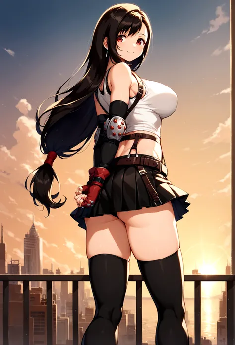 score_9, score_8_up, score_7_up, score_6_up, score_5_up,,rating_safe. BREAK , (from behind,looking back,feet focus,standing,straight-on,,(upperbody),looking_at_viewer ,1girl, tifa lockhart, final fantasy, tareme,black hair, low-tied long hair, red eyes, ba...