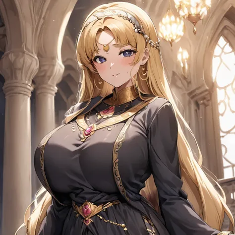 ((Highest quality)), ((masterpiece)), (detailed), （Perfect Face）、The woman is Tsukino Usagi, an Arab and devout Muslim with vivid brown skin, and is in a luxurious Islamic mansion wearing a gorgeous black abaya with gold embroidery, a gorgeous black hijab ...