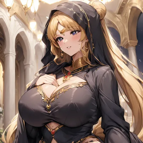 ((Highest quality)), ((masterpiece)), (detailed), （Perfect Face）、The woman is Tsukino Usagi, an Arab and devout Muslim with vivid brown skin, and is in a luxurious Islamic mansion wearing a gorgeous black abaya with gold embroidery, a gorgeous black hijab ...