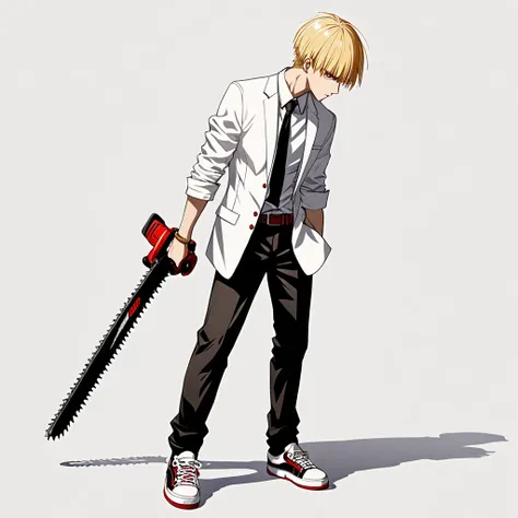 denji(chainsaw man),1man,solo,blonde hair,brown eyes,White suit with rolled up sleeves,black tie,Brown belt,black pants,Sneakers with red lines on a white background,standing up,near