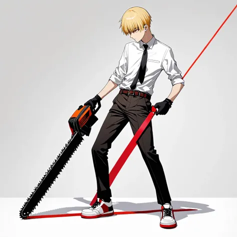 denji(chainsaw man),1man,solo,blonde hair,brown eyes,White suit with rolled up sleeves,black tie,Brown belt,black pants,Sneakers with red lines on a white background,standing up,near