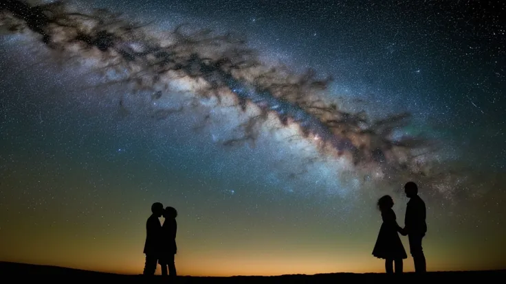 starry sky with two people in silhouette and a milky in the background, looking out into the cosmos, absolutely outstanding image, humanity like cosmic structure, lost in the immensity of space, humans exploring, endless cosmos in the background, visible p...