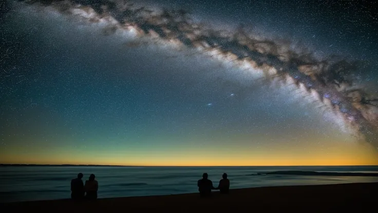 starry sky with two people in silhouette and a milky in the background, looking out into the cosmos, absolutely outstanding image, humanity like cosmic structure, lost in the immensity of space, humans exploring, endless cosmos in the background, visible p...