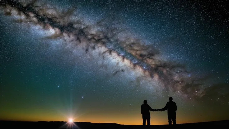 starry sky with two people in silhouette and a milky in the background, looking out into the cosmos, absolutely outstanding image, humanity like cosmic structure, lost in the immensity of space, humans exploring, endless cosmos in the background, visible p...