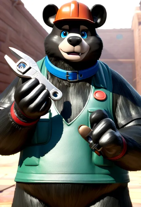 a Disney Pixar movie poster showing a friendly medium sized black bear smiling. The black bear is dressed as a tradesman and is furry. The black bear also has a bright blue collar around its neck and has colored eyes. The black bear is also holding an adju...