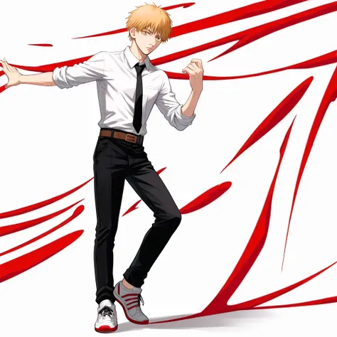 denji(chainsaw man),1man,solo,blonde hair,brown eyes,White suit with rolled up sleeves,black tie,Brown belt,black pants,Sneakers with red lines on a white background,standing up,near