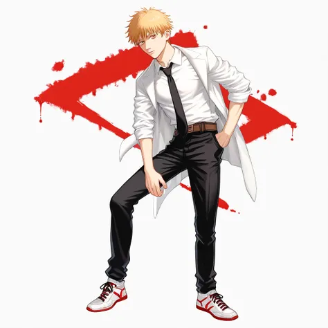 denji(chainsaw man),1man,solo,blonde hair,brown eyes,White suit with rolled up sleeves,black tie,Brown belt,black pants,Sneakers with red lines on a white background,standing up,near