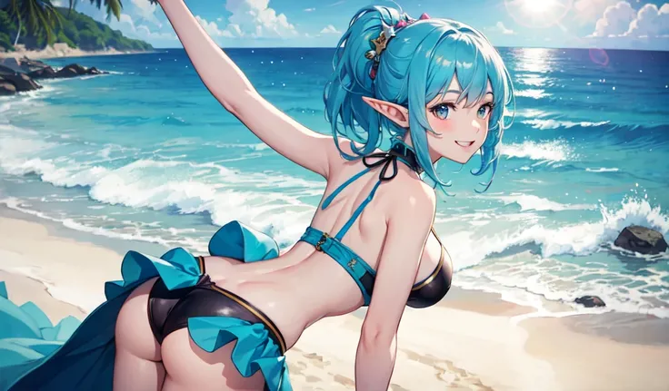 ((Highest quality)), ((masterpiece)), (detailed), 1 cute blue hair elf girl、Beach，Giddy Smile, Sunlight, from_above，plunging, Booty pose,Arching the back