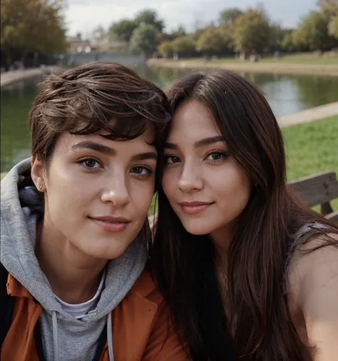 Selfie of a woman with a black tank top and  and next to the woman a man with a sweatshirt