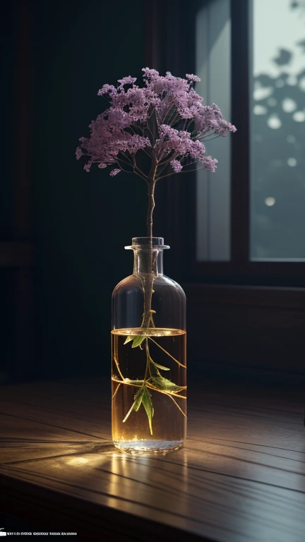 dream-likeart tree in a bottle, fluffy, Realistic, photograph, Canon, dream-like, art, Colorful leaves and branches with flowers on top. hyperdetailed photographrealism by greg rutkowski - h 1024 w 804 | f16 lens mark 2:2 seconds 3555mm film grain :1 Reali...