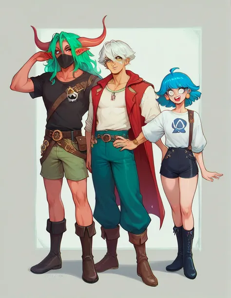 Group photo. ((5 personajes juntos)) (girl dressed in red, shorts and boots, bow and arrow, hood and a mask). (space pirate girl with green hair with black skirt and stockings). (athletic boy with green hair and soccer costume). (demon boy with white hair,...