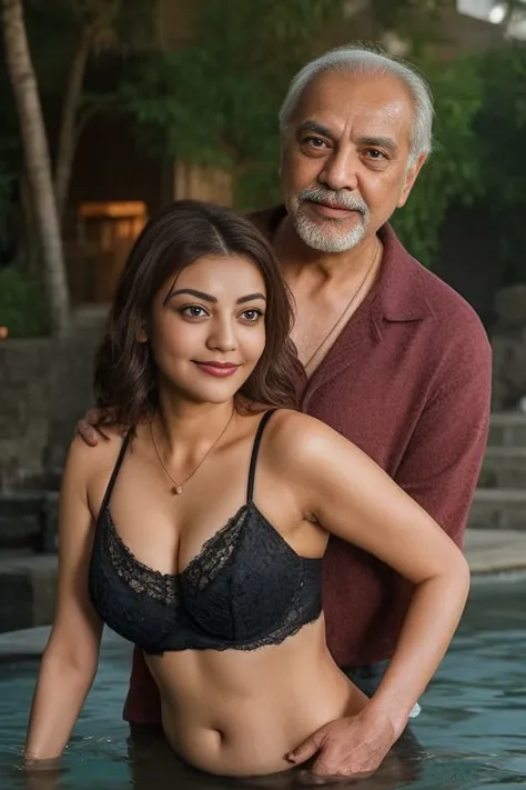 Day scene,kajal and Oldman, Indian black old man, couple pose, a Oldman and kajal in under the water fall, black lace bra and saree, detailed old man, old man gripping kajal waist,big cheeks, curvy, Hollywood lips, wet navel, deep cleavage, necklace, eroti...