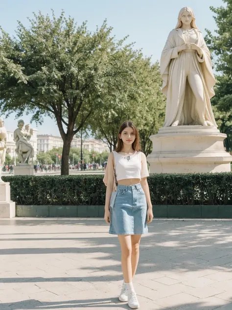 her name is An, high quality, 1girl, ((20-year-old fit Caucasian woman)), ((20 years old)), ((slim)), ((Hime Cut)), pose: standing, wearing stylish fashionable Generation-Z modern wear PASTEL colored, BACKGROUND: In the Esplanadi Park, a green urban space ...