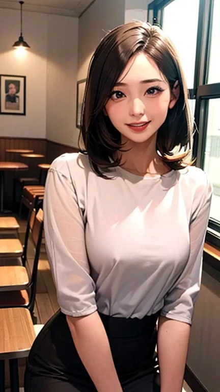 1 Woman, Japanese Woman,(Housewife:1.5),(40 Years Old:1.68),(Attractive Mature Woman:1.66),(Middle Age:1.78),(Small Round Face:1,69),(small breasts:1.2),((graduated haircut)),Casual, simple blouse,V-neckline,knee-length skirt, blouse in bright colors,paste...