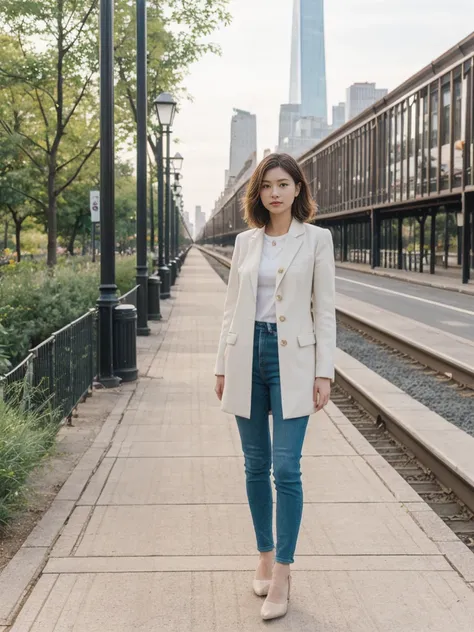 her name is Asako, high quality, 1girl, ((20-year-old fit Caucasian woman)), ((20 years old)), ((slim)), ((Hime Cut)), pose: standing, wearing stylish fashionable Generation-Z modern wear PASTEL colored, BACKGROUND: At the High Line, a linear park built on...