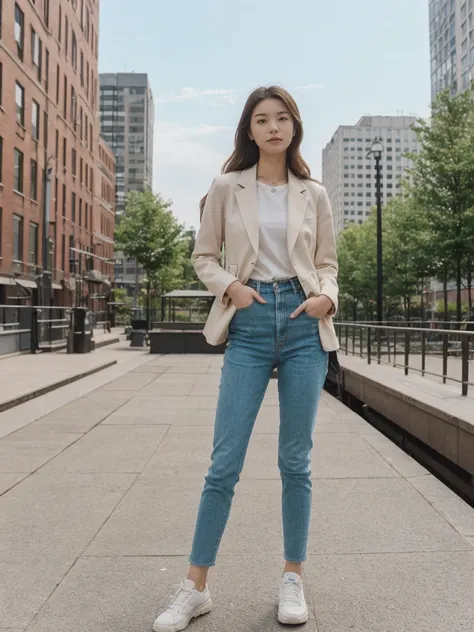 her name is Asako, high quality, 1girl, ((20-year-old fit Caucasian woman)), ((20 years old)), ((slim)), ((Hime Cut)), pose: standing, wearing stylish fashionable Generation-Z modern wear PASTEL colored, BACKGROUND: At the High Line, a linear park built on...