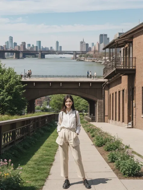 her name is Asako, high quality, 1girl, ((20-year-old fit Caucasian woman)), ((20 years old)), ((slim)), ((Hime Cut)), pose: standing, wearing stylish fashionable Generation-Z modern wear PASTEL colored, BACKGROUND: At the High Line, a linear park built on...