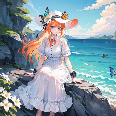 1girl, outdoors, solo, flower, blue eyes, long hair, looking at viewer, long dress, hat, ocean, dress, sitting, white flower, sky, bug, hat flower, day, bangs, butterfly, water, long sleeves, blue sky, rock, cloud, orange dress, blonde hair, horizon, orang...