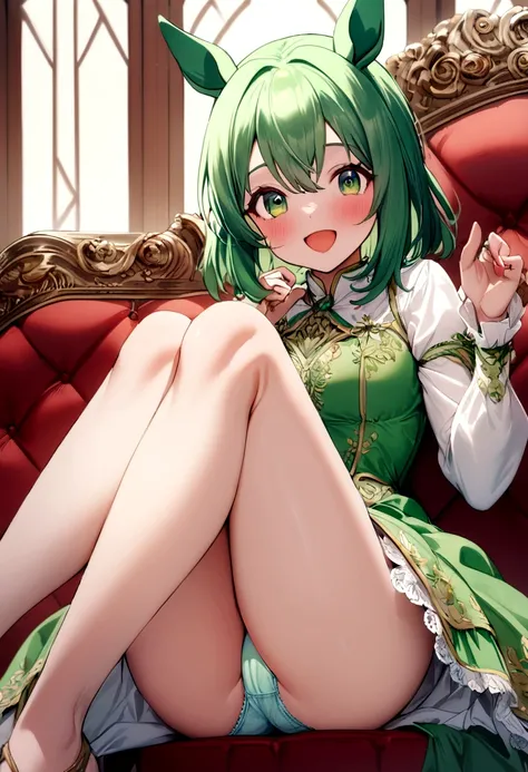 (((Horse Girl))), (((Fine Motion))), Thighs, sitting on a luxurious red sofa, (((Panties are slightly visible))), smile, Dress like a young lady, (((Green embroidered panties))), High resolution, Knees up, (((Ecstatic expression))), (Thighs)、Top quality ey...