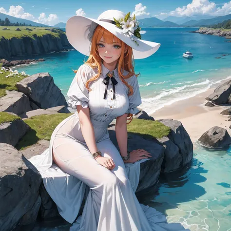 1girl, outdoors, solo, flower, blue eyes, long hair, looking at viewer, long dress, hat, ocean, dress, sitting, white flower, sky, bug, hat flower, day, bangs, butterfly, water, long sleeves, blue sky, rock, cloud, orange dress, blonde hair, horizon, orang...