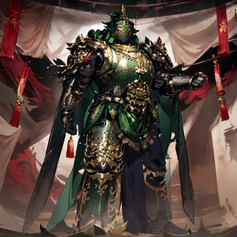 1 Boy,huge，After obtaining the Astarte, Space Marines, ,Green power armor, helmet, Red Eyes, Glowing eyes, indoors, street，In the Forbidden City，There is a golden dragon pattern on the armor，Green armor ，Green armor，Green armor，Green armor，Multiple angles ...