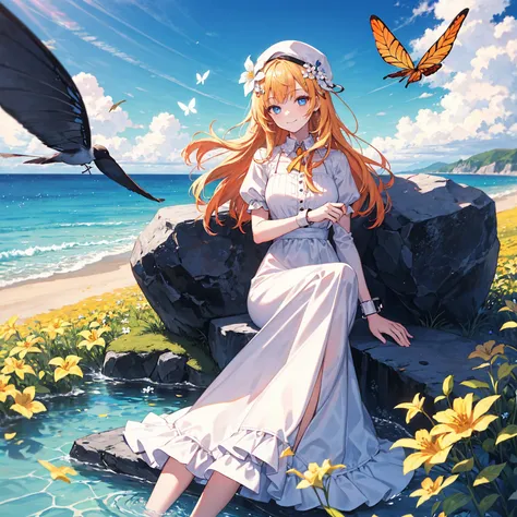 1girl, outdoors, solo, flower, blue eyes, long hair, looking at viewer, long dress, hat, ocean, dress, sitting, white flower, sky, bug, hat flower, day, bangs, butterfly, water, long sleeves, blue sky, rock, cloud, orange dress, blonde hair, horizon, orang...