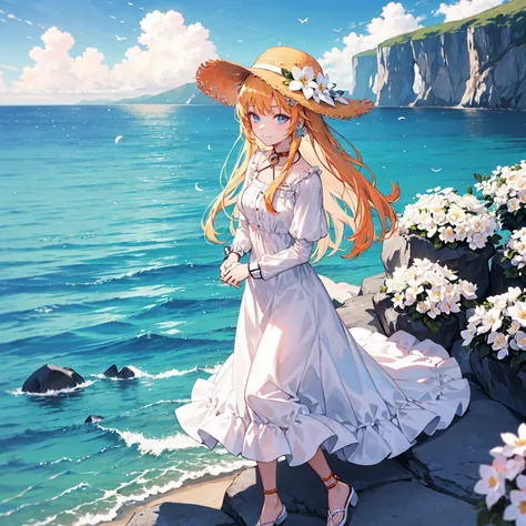 1girl, outdoors, solo, flower, blue eyes, long hair, looking at viewer, long dress, hat, ocean, dress, sitting, white flower, sky, bug, hat flower, day, bangs, butterfly, water, long sleeves, blue sky, rock, cloud, orange dress, blonde hair, horizon, orang...