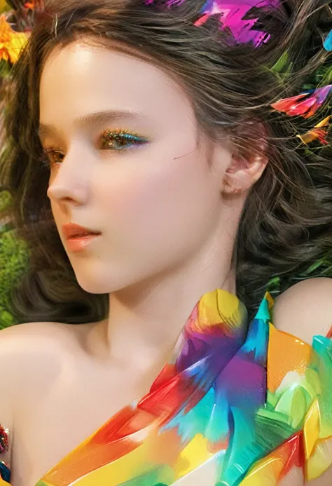 a beautiful girl in a colorful dream, detailed face and eyes, flowing hair, elegant dress, surrounded by vibrant colors and abstract shapes, cinematic lighting, surreal, dreamlike, (best quality,4k,8k,highres,masterpiece:1.2),ultra-detailed,(realistic,phot...