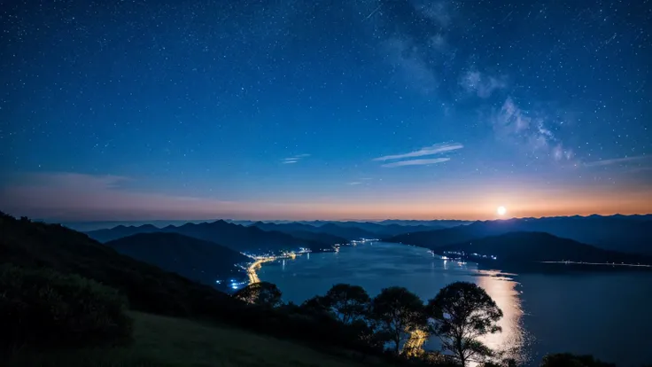 川と山のある風景を描いた星Moonlit Night画,   Starry Skyの夜,  Night view, Moonlit Night, Twinkling distant stars, Natural scenery at night, moonlight, Moonlit Nightscape, Stars shining in the distance, Starry Sky, Mystical Night、full moon